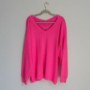 Aerie Bright Pink V-Neck Waffle Knit Long Sleeve Shirt